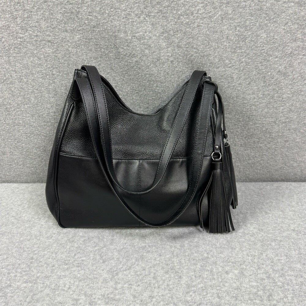S-Zone Womens Large Black Pebbled Leather Hobo Shoulder Bag Tassel Zip